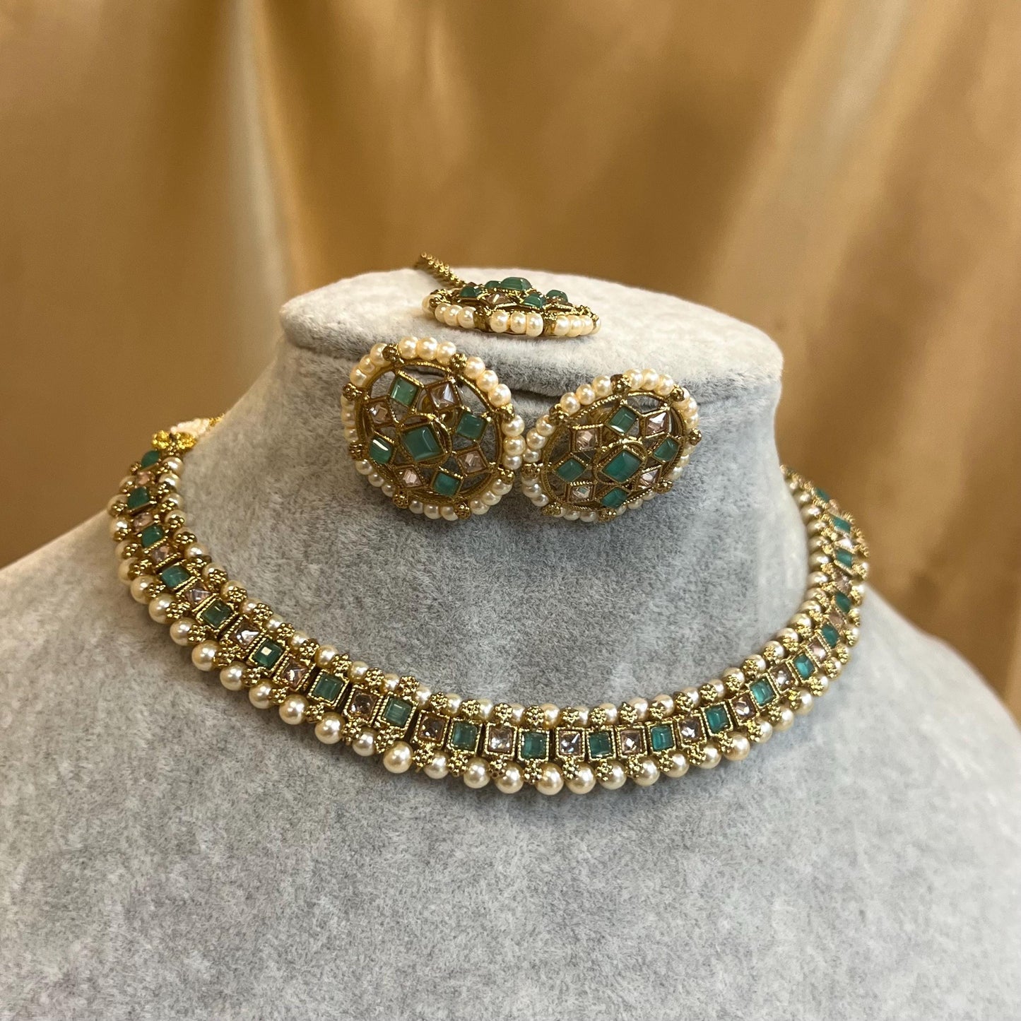 Green/Blue Thin Necklace Set Earring/ Tikka/ Tikli/ Indian/ Pakistani/Fashion Jewellery/ Gift for Women/ Antique Gold with Champagne