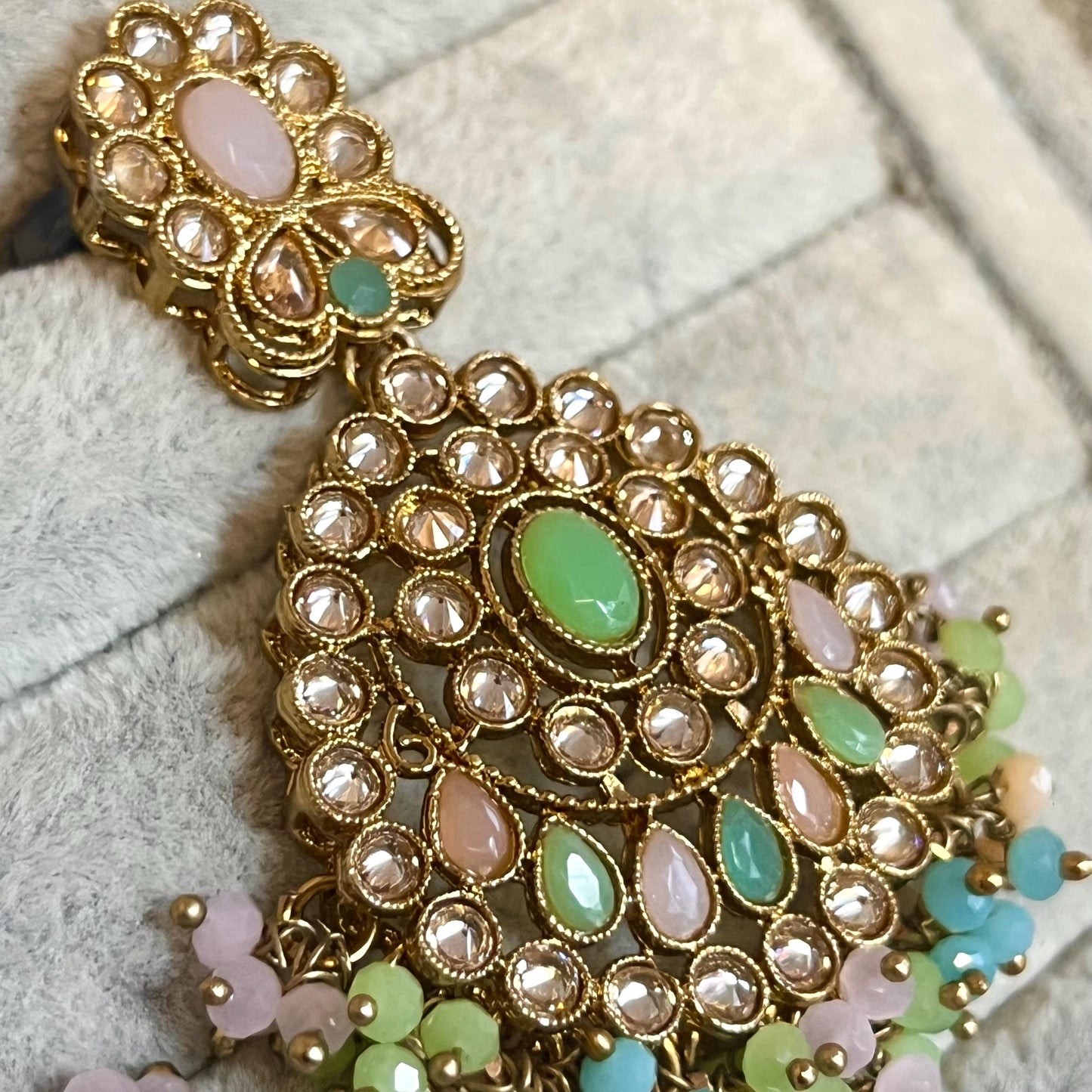 Pastel - Multicolour Pretty Earrings and Tikka Set/ Henna party/Pakistani/ Indian Style Earring/ Antique Gold with Champagne Crystals