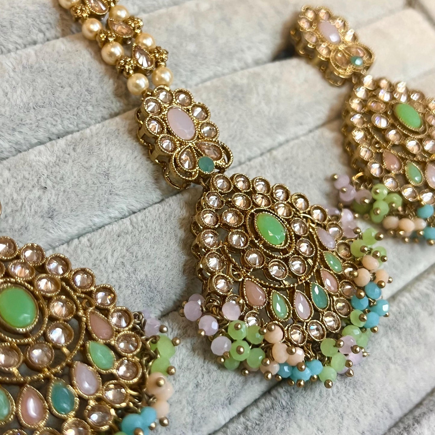 Pastel - Multicolour Pretty Earrings and Tikka Set/ Henna party/Pakistani/ Indian Style Earring/ Antique Gold with Champagne Crystals