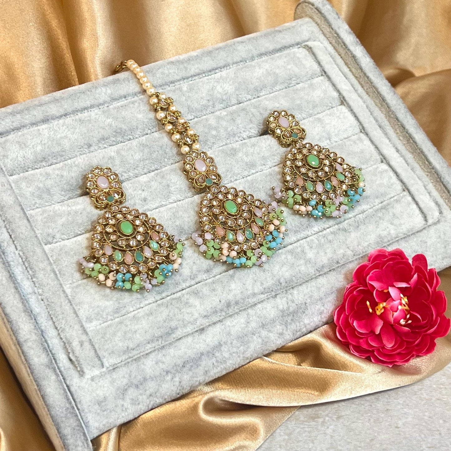 Pastel - Multicolour Pretty Earrings and Tikka Set/ Henna party/Pakistani/ Indian Style Earring/ Antique Gold with Champagne Crystals