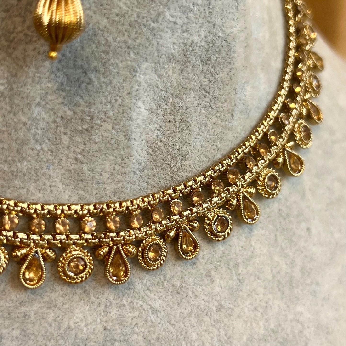 Gold Thin Necklace Set Earring/ Tikka/ Tikli/ Indian/ Pakistani/Fashion Jewellery/ Gift for Women/ Antique Gold with Champagne crystals