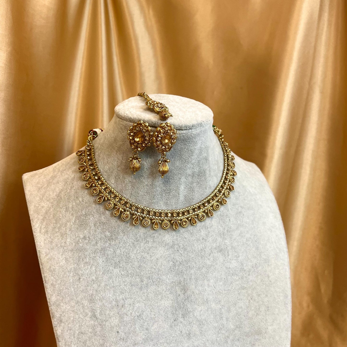 Gold Thin Necklace Set Earring/ Tikka/ Tikli/ Indian/ Pakistani/Fashion Jewellery/ Gift for Women/ Antique Gold with Champagne crystals