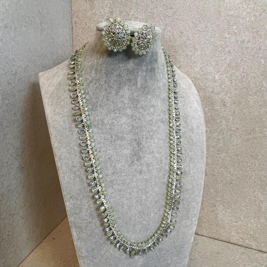 Clear/ Pearl-Long Necklace and Earring set/Antique Gold with Zircon Crystal and Stud earring. No Tikka/ Pakistani/ Indian Fashion Set