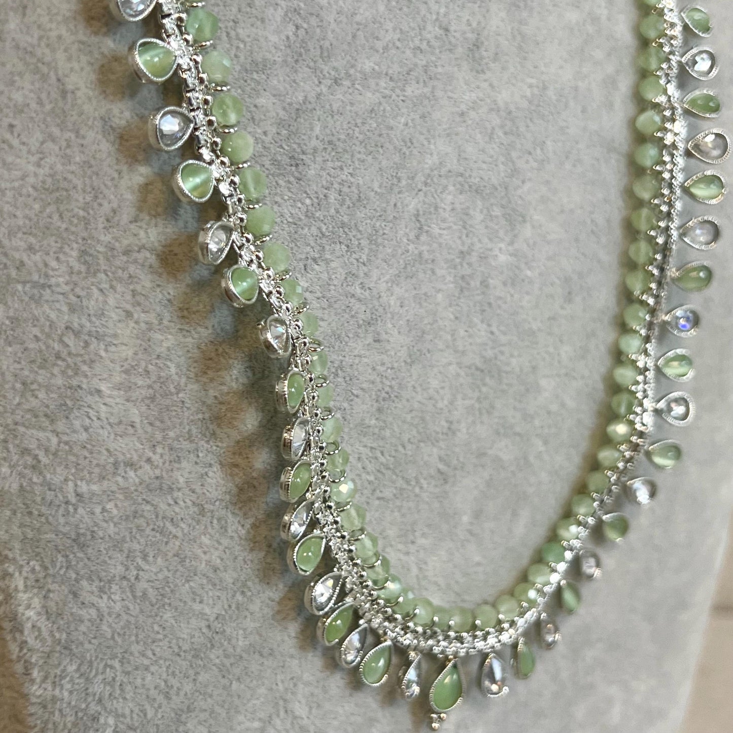 Clear/ Pearl-Long Necklace and Earring set/Antique Gold with Zircon Crystal and Stud earring. No Tikka/ Pakistani/ Indian Fashion Set