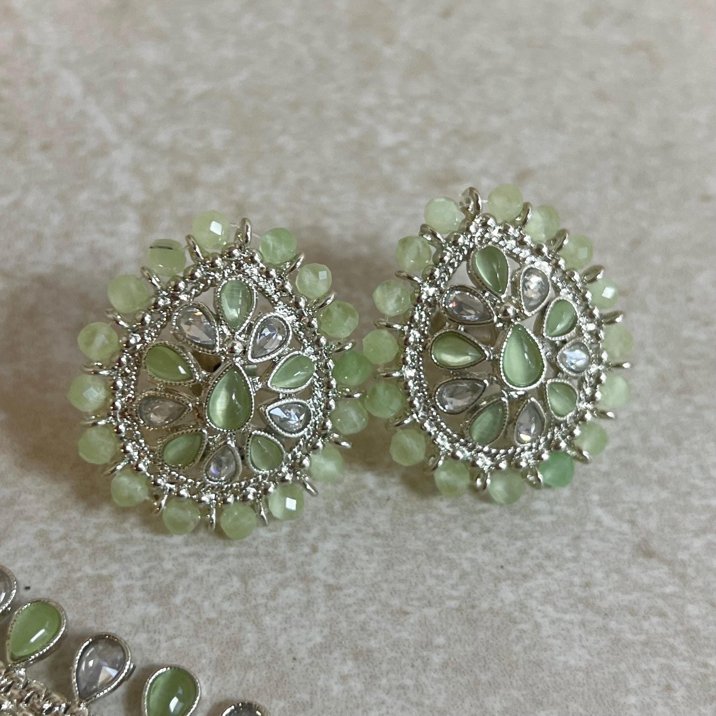 Clear/ Pearl-Long Necklace and Earring set/Antique Gold with Zircon Crystal and Stud earring. No Tikka/ Pakistani/ Indian Fashion Set