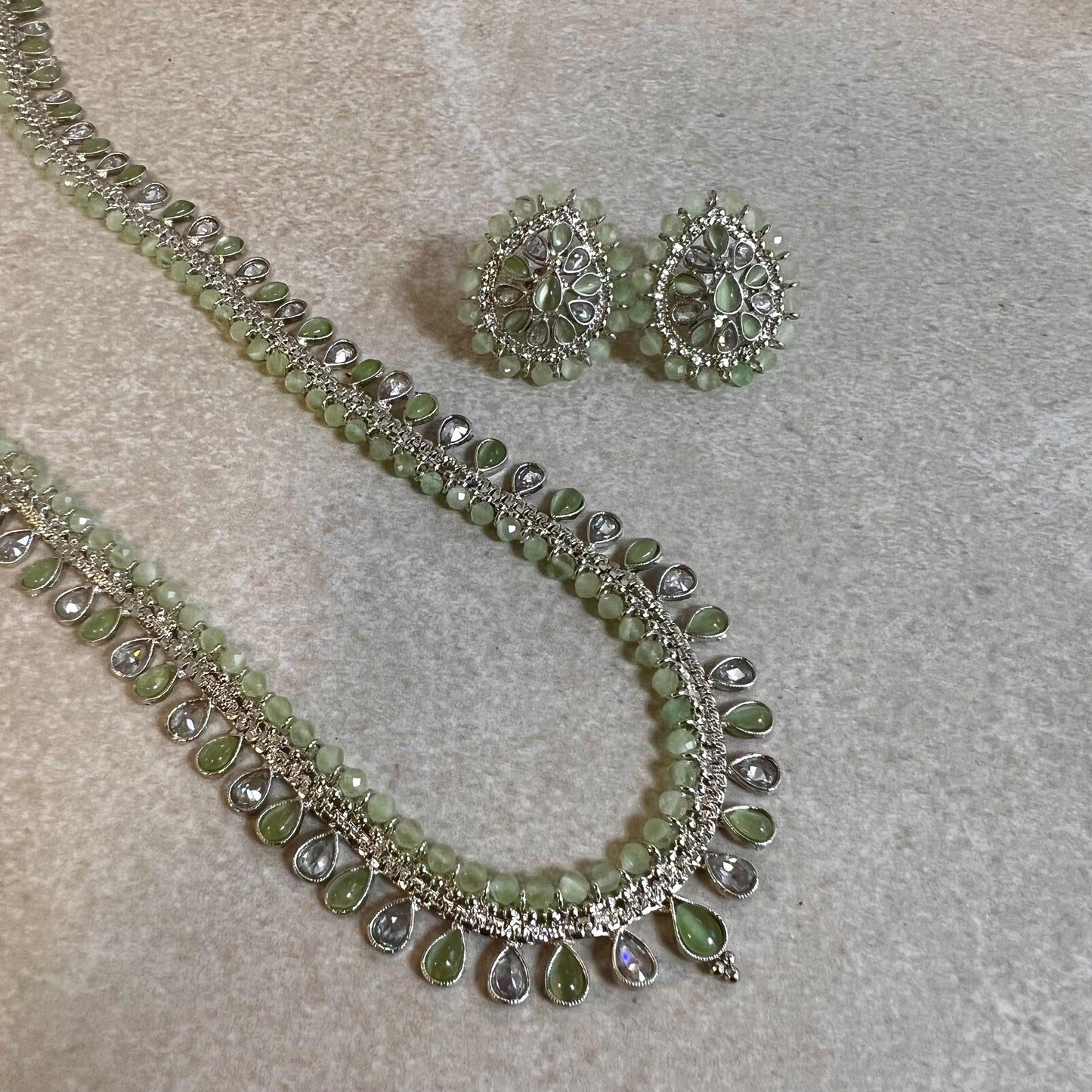 Clear/ Pearl-Long Necklace and Earring set/Antique Gold with Zircon Crystal and Stud earring. No Tikka/ Pakistani/ Indian Fashion Set