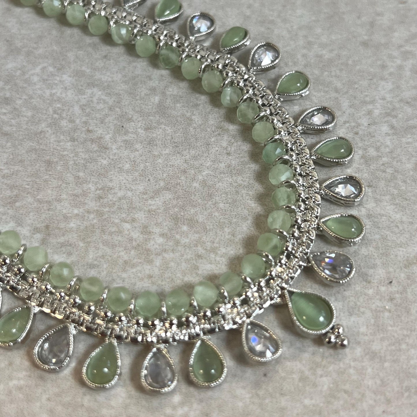 Clear/ Pearl-Long Necklace and Earring set/Antique Gold with Zircon Crystal and Stud earring. No Tikka/ Pakistani/ Indian Fashion Set