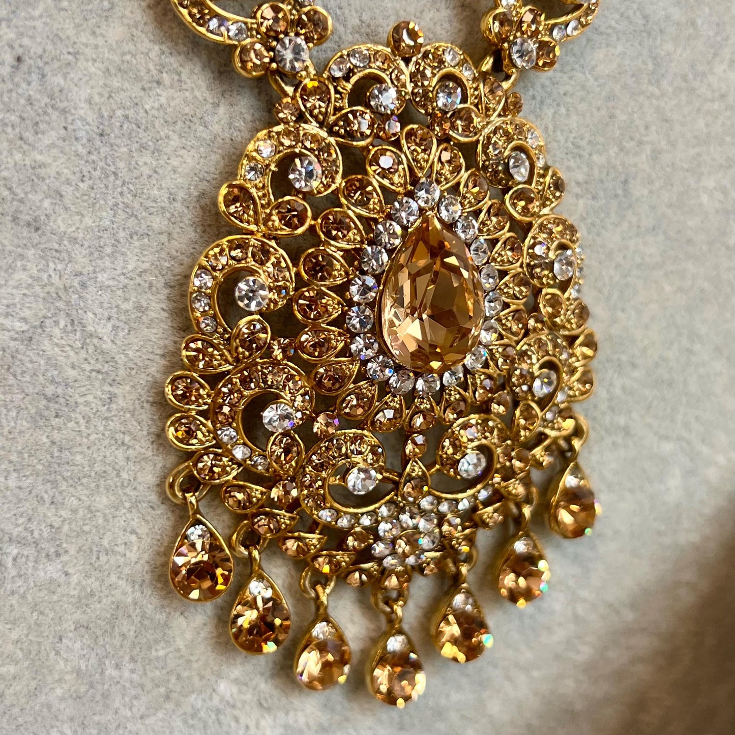 Gold /Antique Gold with Golden Rhinestone Long Necklace set With Jhumka Earring and Tikka/long necklace/ Haar/ Mala/ Earring/Wedding/Fashion