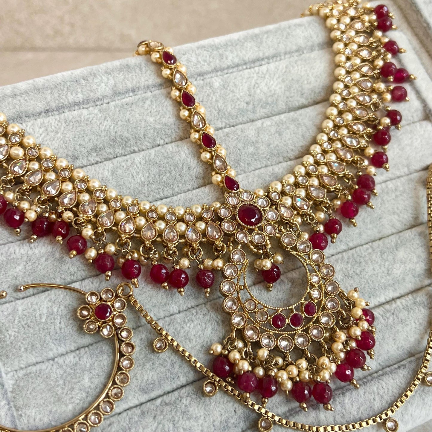 Ruby Bridal Accessories/ Antique Gold with Golden Rhinestone/ Mathapatti/ Slide Nose Ring/ 2 Hand Harness/ Indian Pakistani Fashion/ Gift