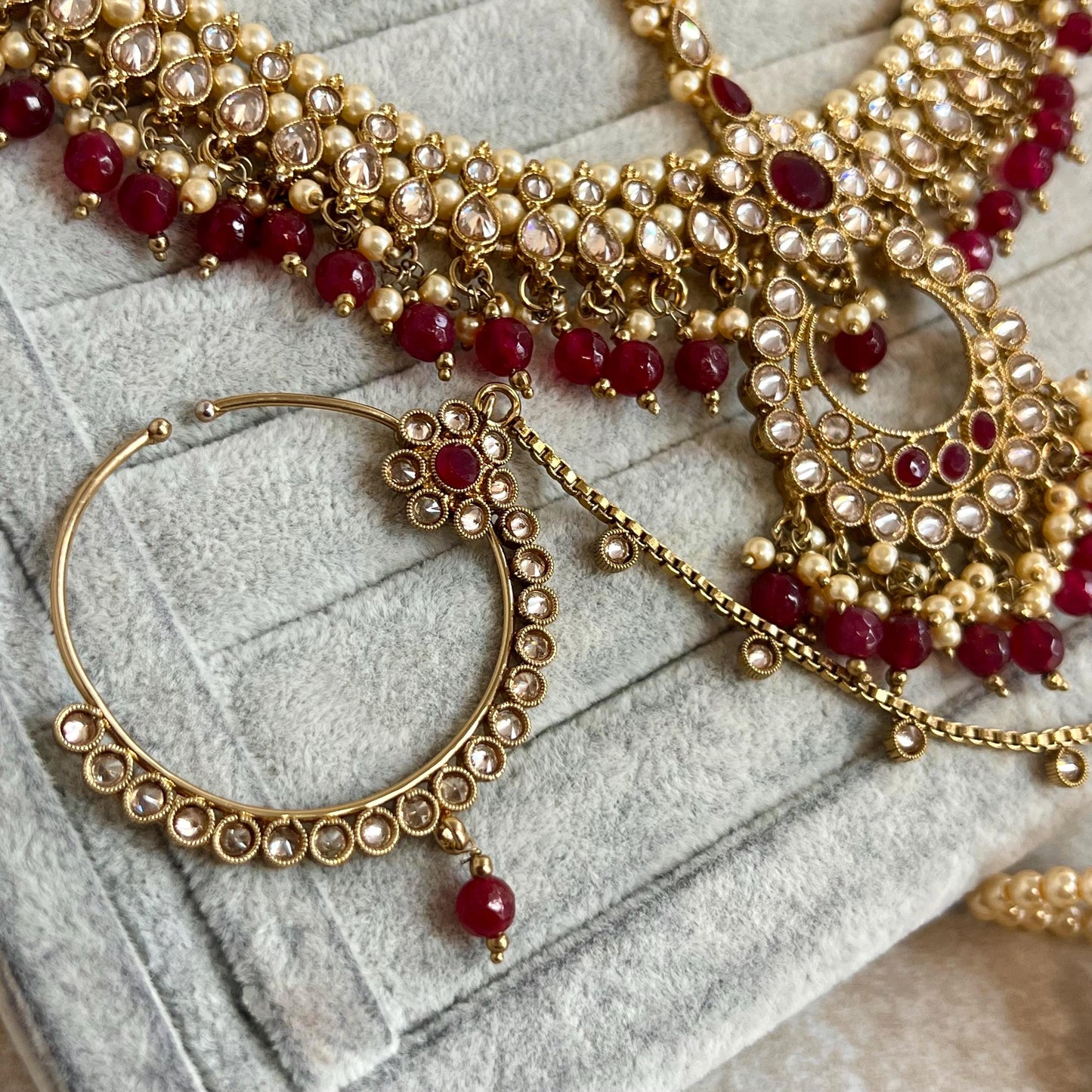 Ruby Bridal Accessories/ Antique Gold with Golden Rhinestone/ Mathapatti/ Slide Nose Ring/ 2 Hand Harness/ Indian Pakistani Fashion/ Gift
