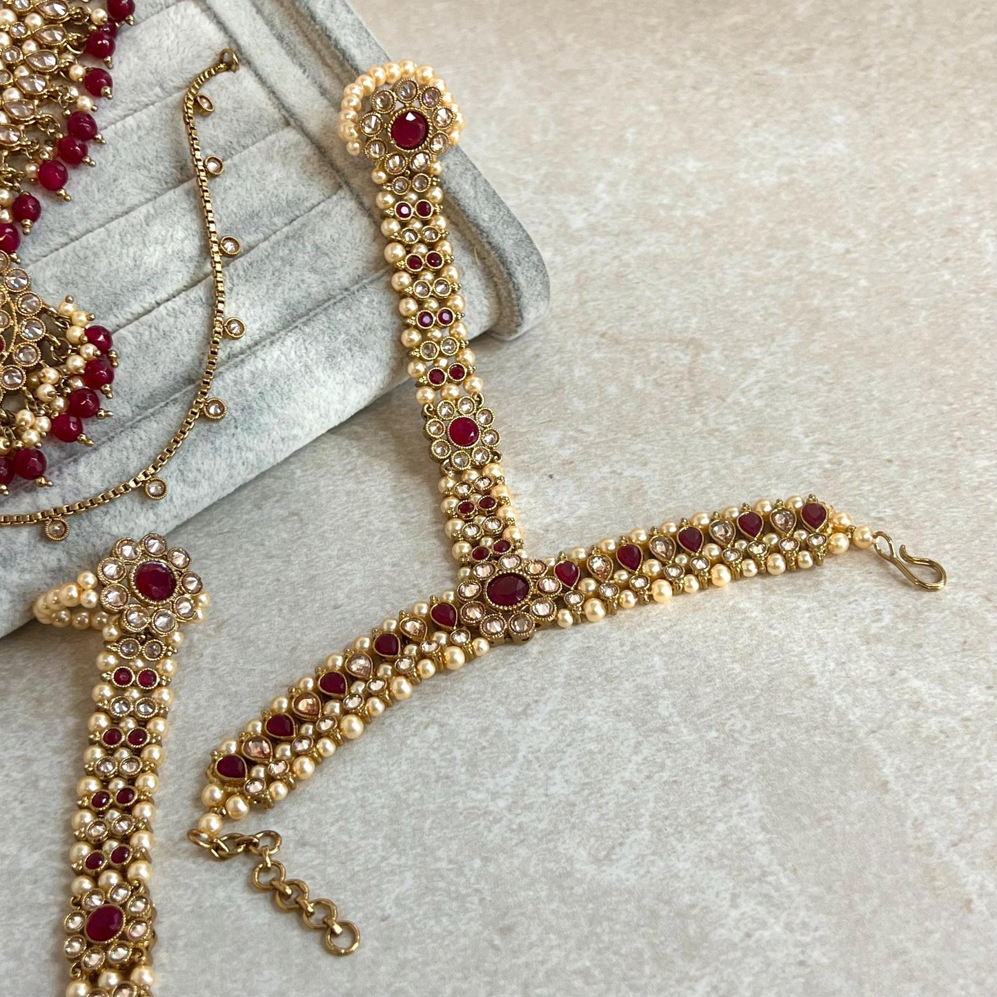 Ruby Bridal Accessories/ Antique Gold with Golden Rhinestone/ Mathapatti/ Slide Nose Ring/ 2 Hand Harness/ Indian Pakistani Fashion/ Gift