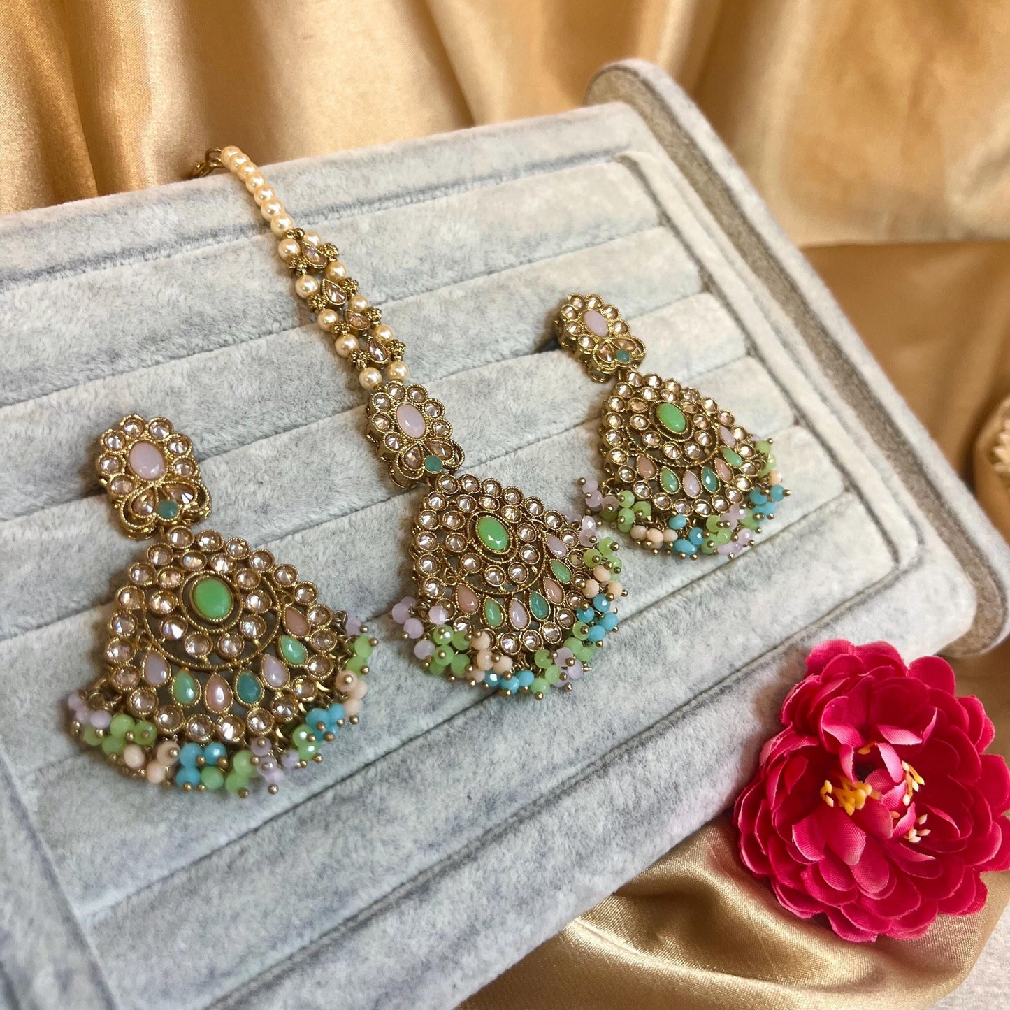 Pastel - Multicolour Pretty Earrings and Tikka Set/ Henna party/Pakistani/ Indian Style Earring/ Antique Gold with Champagne Crystals