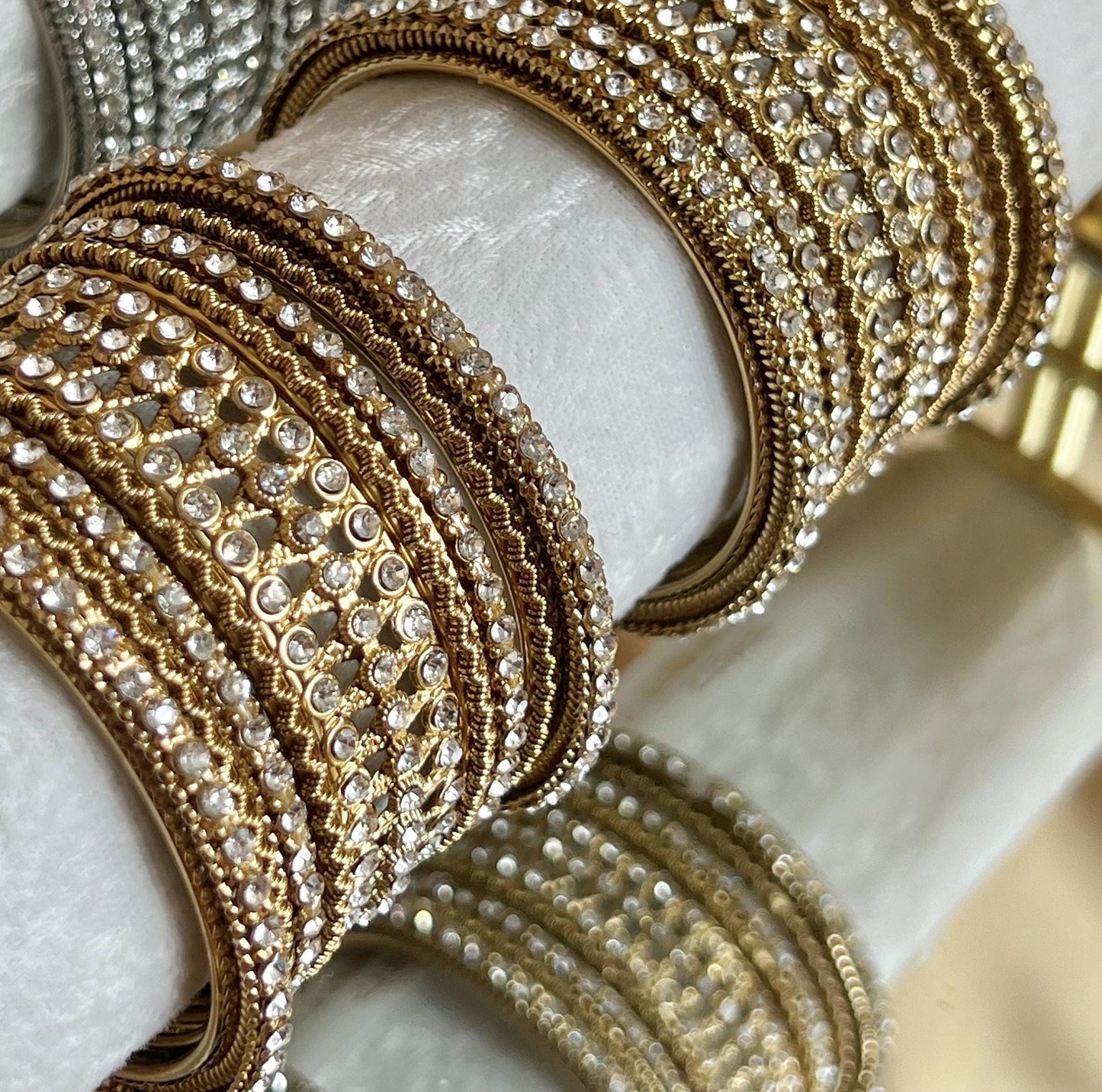 Clear Crystal Bangles for Both Arms - Antique Gold Base with Silver Rhinestone/Indian/ Pakistani/Jewelley/ Fashion Bracelet