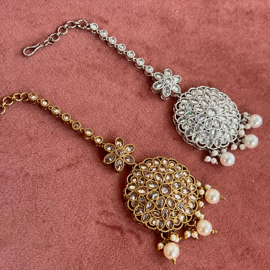 Round Crystal Tikka - Antique Gold /Champagne Zircon Crystal /Silver  Tikli/ Indian/ Pakistani Fashion Jewellery/ Maang Tikkas/ Mix Colours