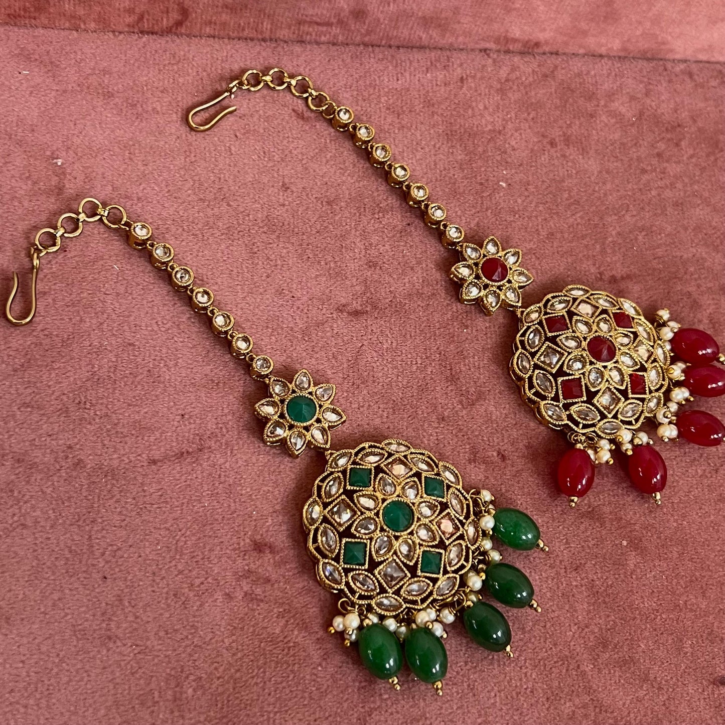 Flower Crystal Tikka - Antique Gold /Champagne Zircon Crystal /Maroon/ Green/ Tikli/ Indian/ Pakistani Fashion Jewellery/ Maang Tikkas/
