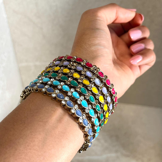 Single Statement Bangle in Mix Colours. Antique Gold Base Colourful Stones/ Size Small 2.6 only/ Multicolour