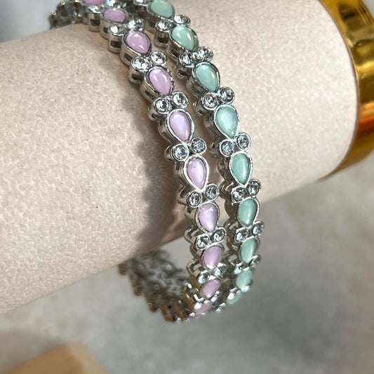 1 x Pink 1 x Mint Single Statement Bangle. Silver Base Colourful Pastel Stones/ Size larger 2.10 only/ Multicolour