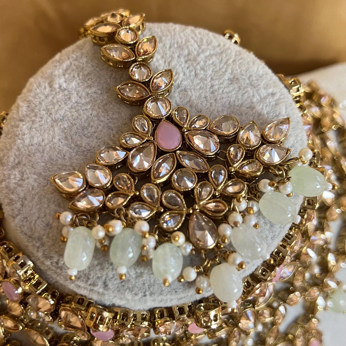 Pink Mint, Antique Gold/ Champagne Necklace set + Choker,Jhumka Earring and Tikka/ Necklace/ Unique Style/ Indian/ Pakistani Gift for Women