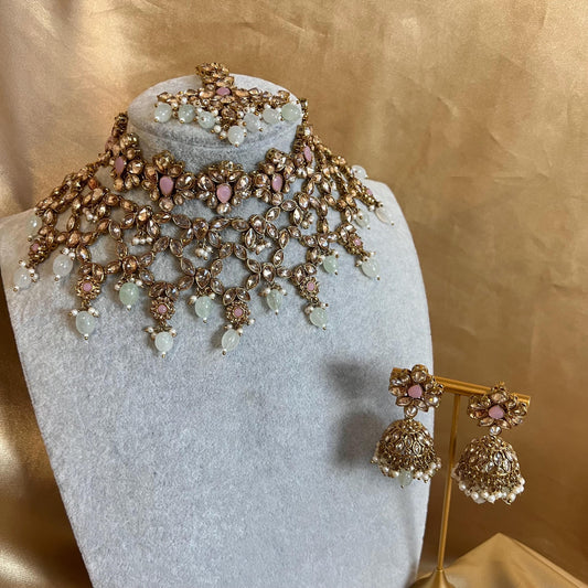 Pink Mint, Antique Gold/ Champagne Necklace set + Choker,Jhumka Earring and Tikka/ Necklace/ Unique Style/ Indian/ Pakistani Gift for Women