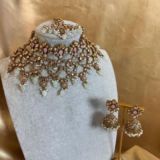 Pink Mint, Antique Gold/ Champagne Necklace set + Choker,Jhumka Earring and Tikka/ Necklace/ Unique Style/ Indian/ Pakistani Gift for Women