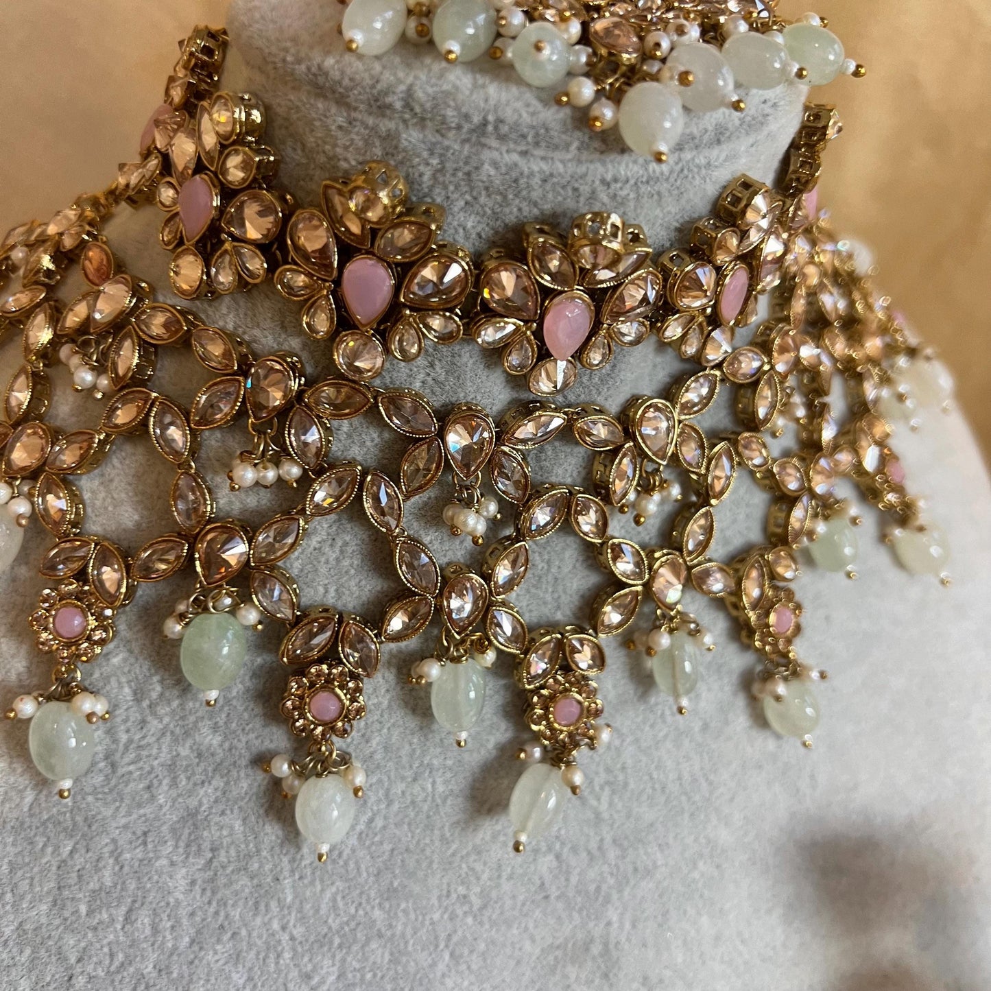 Pink Mint, Antique Gold/ Champagne Necklace set + Choker,Jhumka Earring and Tikka/ Necklace/ Unique Style/ Indian/ Pakistani Gift for Women