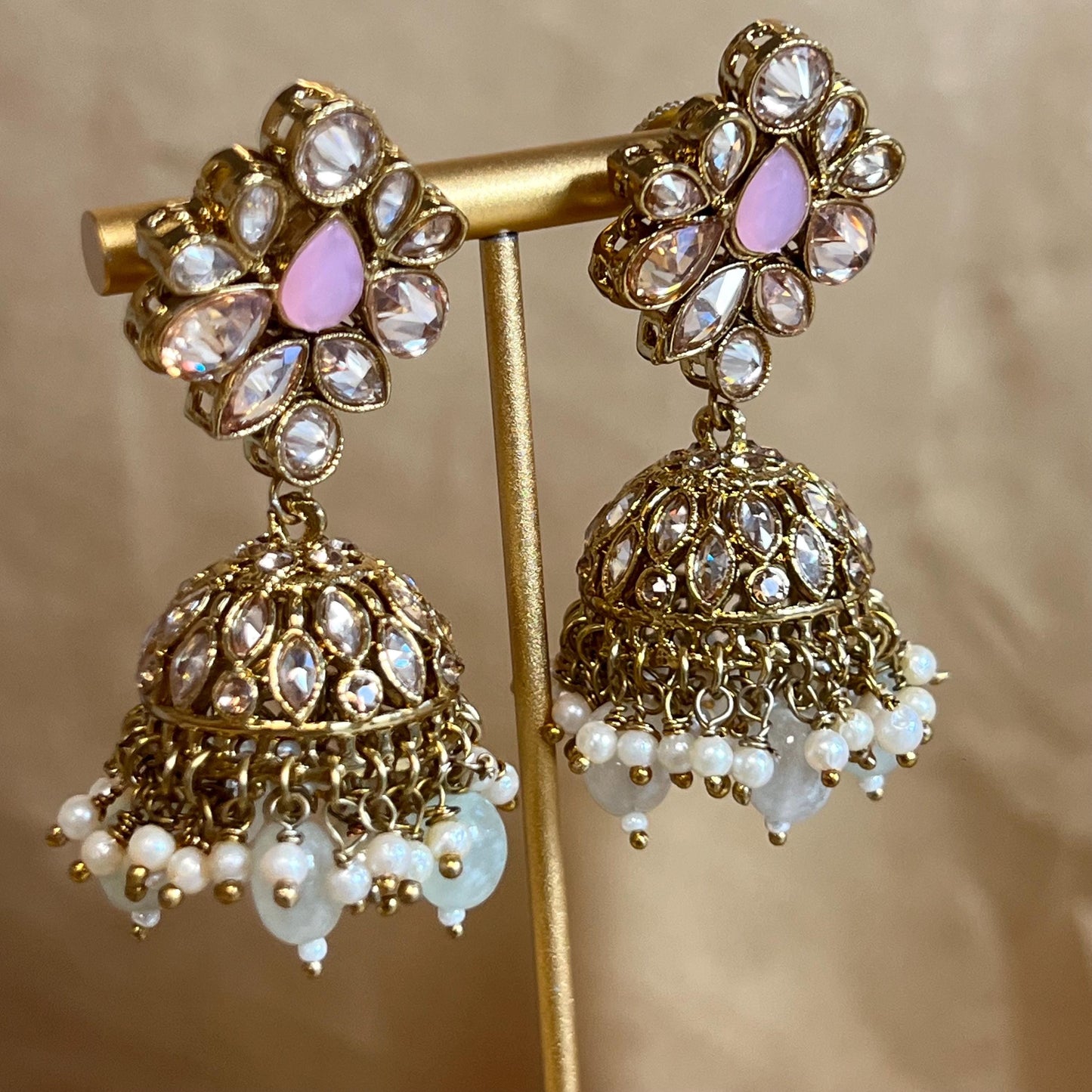 Pink Mint, Antique Gold/ Champagne Necklace set + Choker,Jhumka Earring and Tikka/ Necklace/ Unique Style/ Indian/ Pakistani Gift for Women