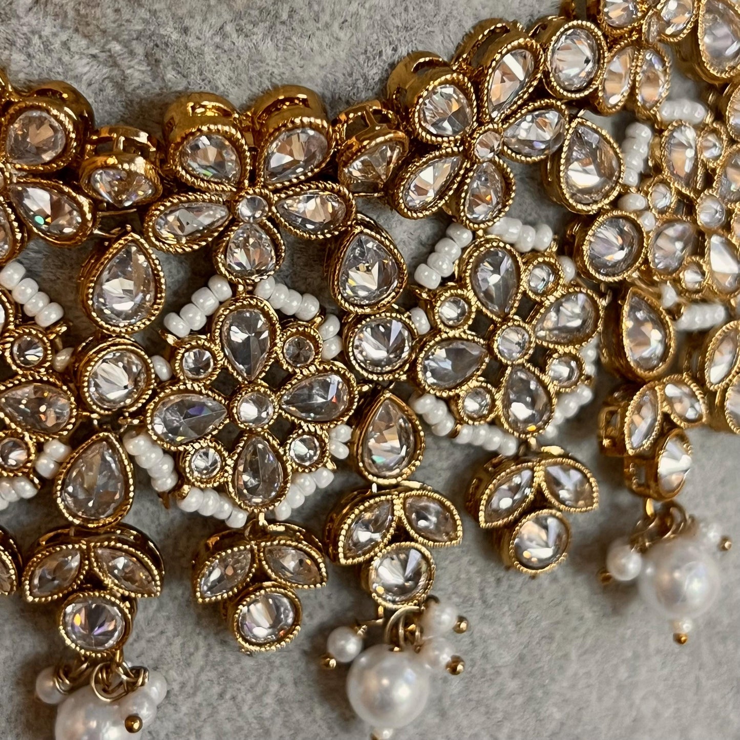 Clear Crystal Choker Only, Antique gold with Clear Zircon Crystals- Indian/ Pakistani Style/Bridal set/Wedding/ Light gold