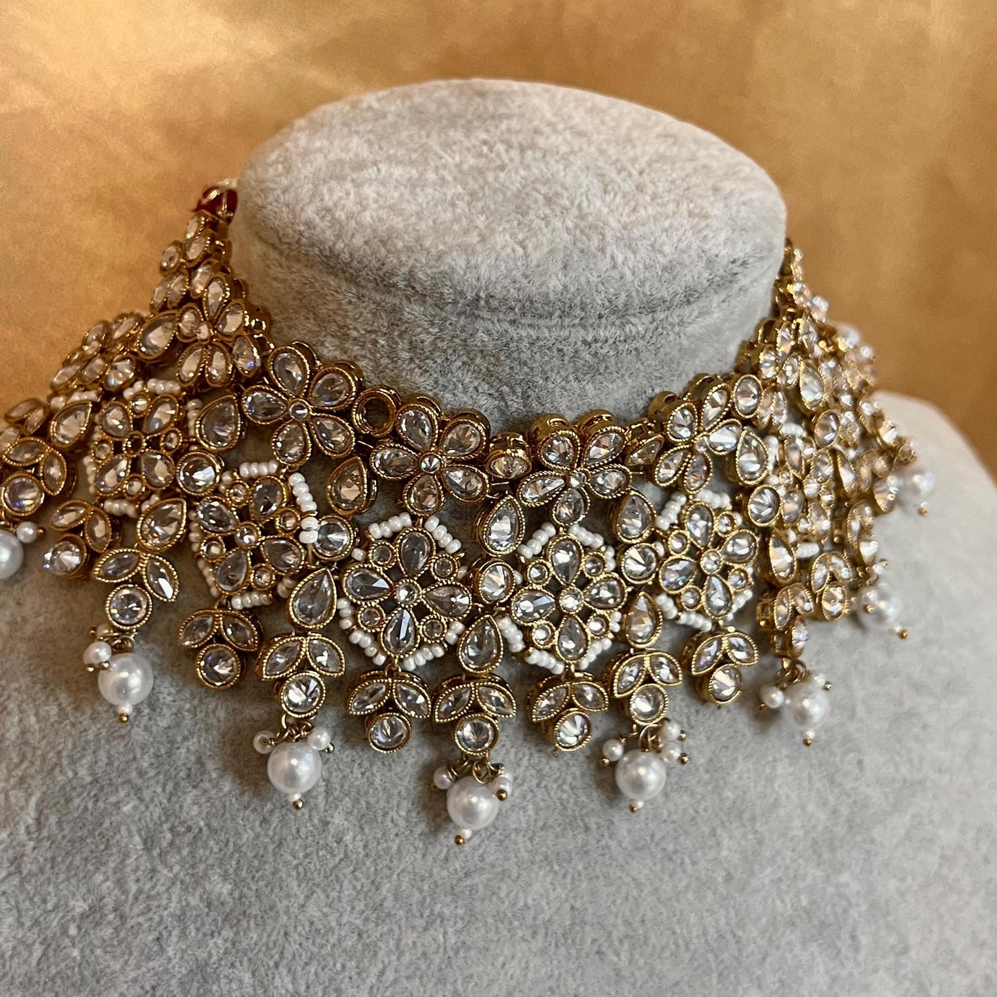 Clear Crystal Choker Only, Antique gold with Clear Zircon Crystals- Indian/ Pakistani Style/Bridal set/Wedding/ Light gold