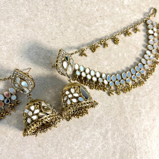 Antique Gold/Golden Mirror Detail Jhumka Earrings With Ear Chains/Saharay/ Indian Style Earring