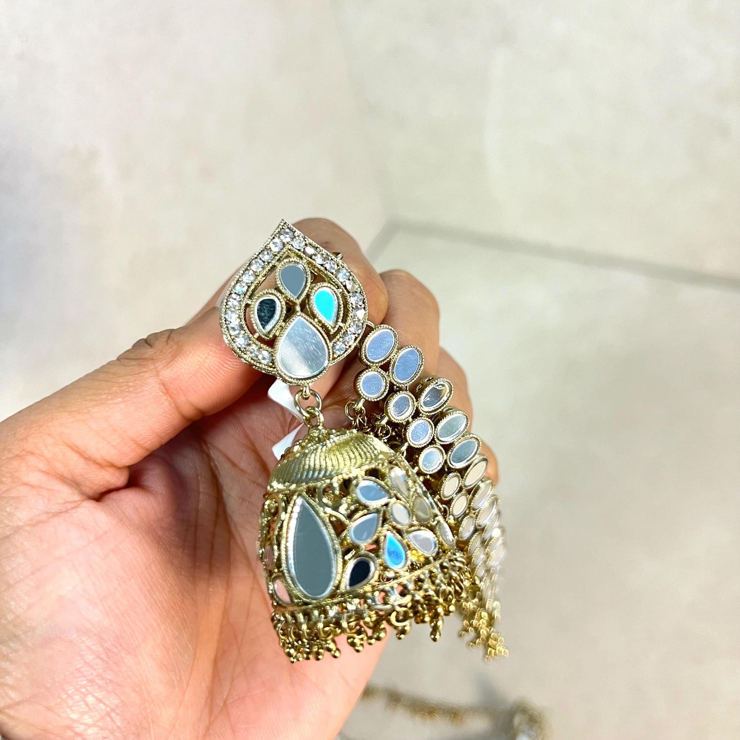 Antique Gold/Golden Mirror Detail Jhumka Earrings With Ear Chains/Saharay/ Indian Style Earring