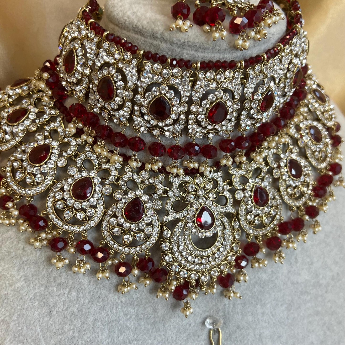 Maroon Bridal Choker Necklace set with Earring, Tikka and Jhumar Indian/ Pakistani Style/ Wedding/ Antique Gold/ Champagne Crystals