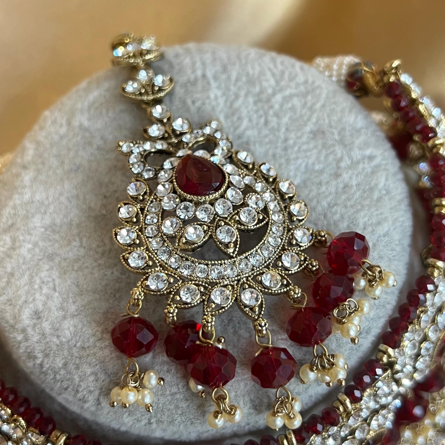 Maroon Bridal Choker Necklace set with Earring, Tikka and Jhumar Indian/ Pakistani Style/ Wedding/ Antique Gold/ Champagne Crystals