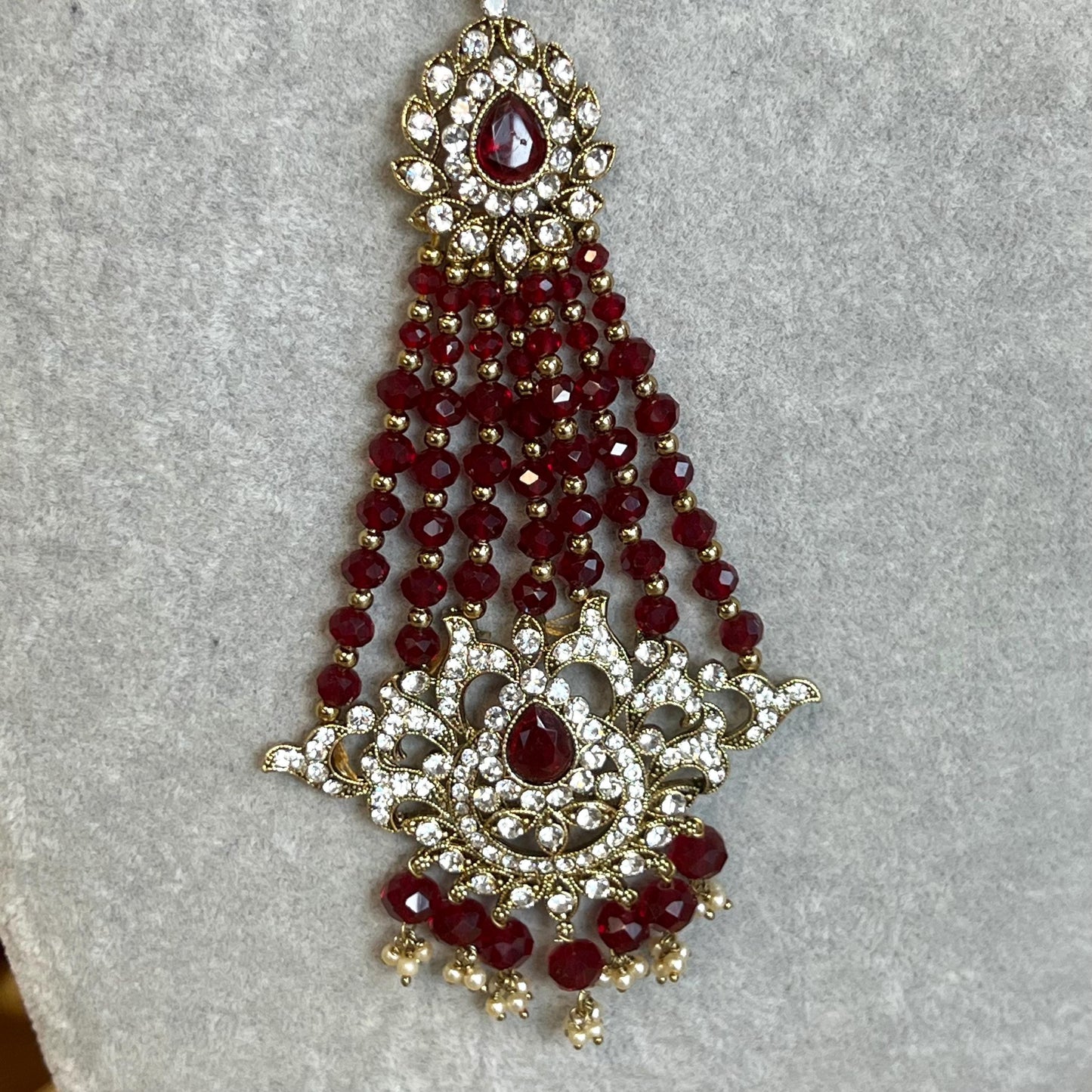 Maroon Bridal Choker Necklace set with Earring, Tikka and Jhumar Indian/ Pakistani Style/ Wedding/ Antique Gold/ Champagne Crystals