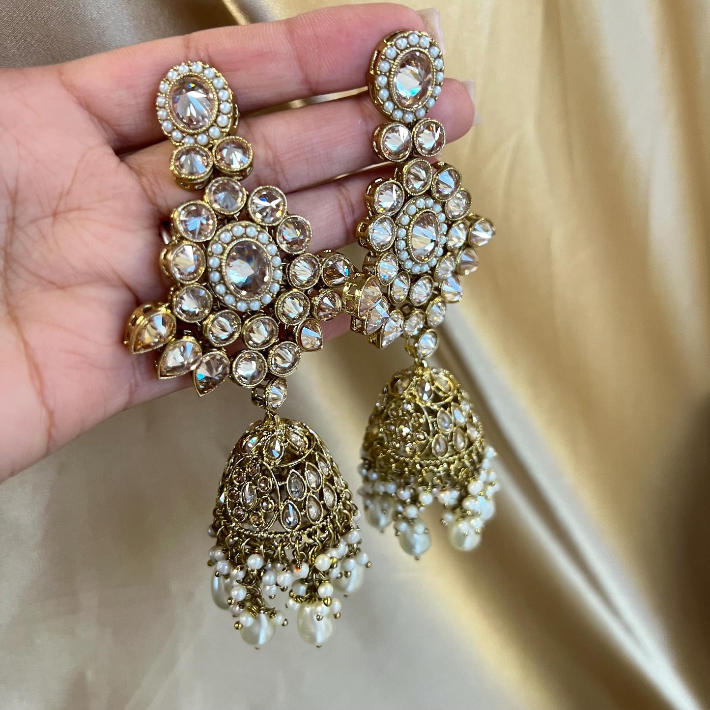 Large Antique Gold Champagne Bridal Necklace set with Jhumka Earring and Tikka.  Indian/ Pakistani Style/ Wedding/ Fashion Jewellery