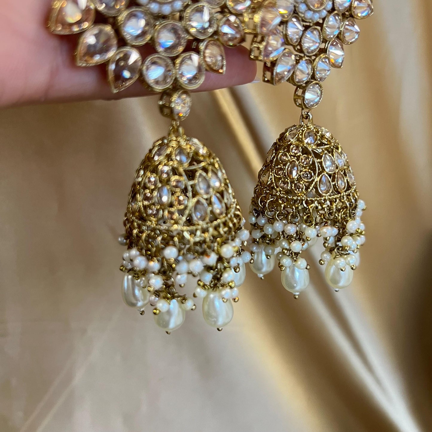 Large Antique Gold Champagne Bridal Necklace set with Jhumka Earring and Tikka.  Indian/ Pakistani Style/ Wedding/ Fashion Jewellery