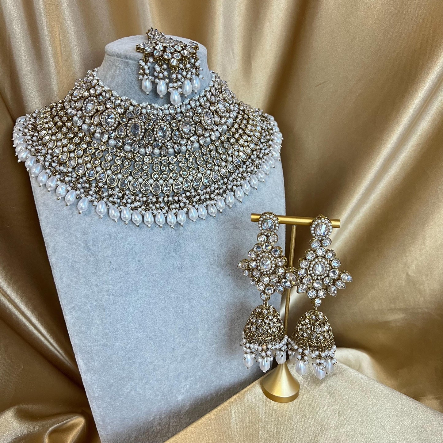 Large Antique Gold Clear Crystals Bridal Necklace set with Jhumka Earring and Tikka.  Indian/ Pakistani Style/ Wedding/ Fashion Jewellery