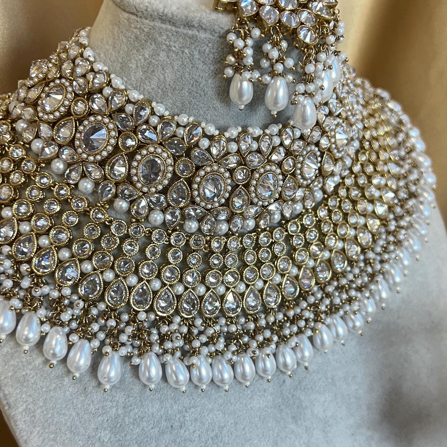 Large Antique Gold Clear Crystals Bridal Necklace set with Jhumka Earring and Tikka.  Indian/ Pakistani Style/ Wedding/ Fashion Jewellery