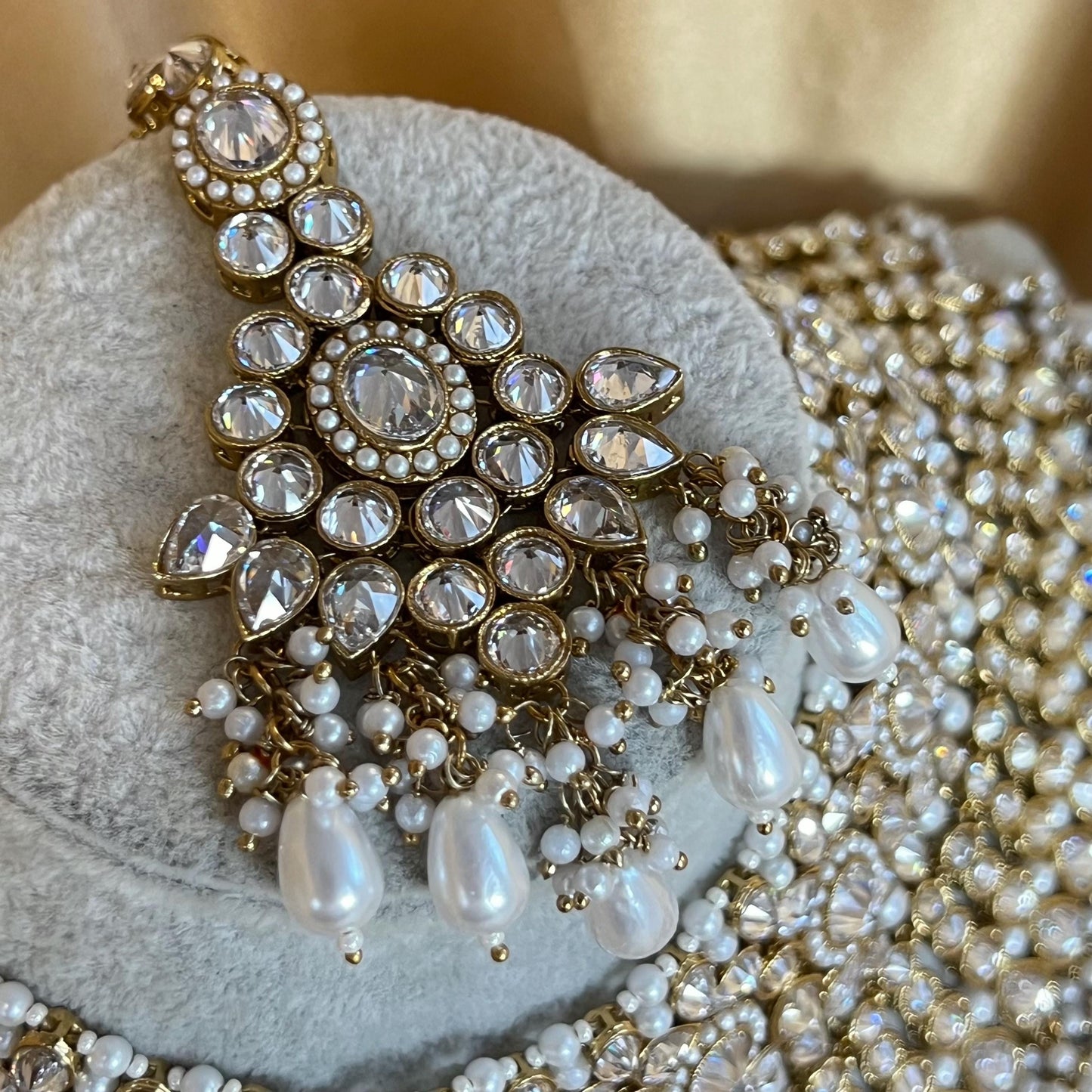 Large Antique Gold Clear Crystals Bridal Necklace set with Jhumka Earring and Tikka.  Indian/ Pakistani Style/ Wedding/ Fashion Jewellery