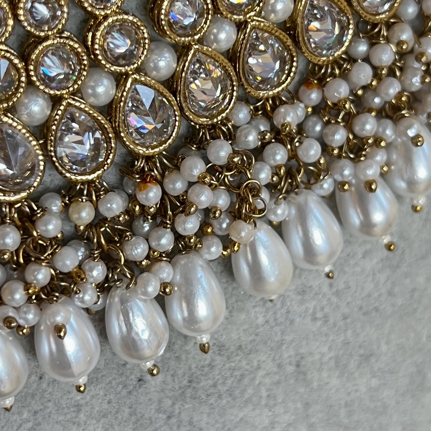 Large Antique Gold Clear Crystals Bridal Necklace set with Jhumka Earring and Tikka.  Indian/ Pakistani Style/ Wedding/ Fashion Jewellery