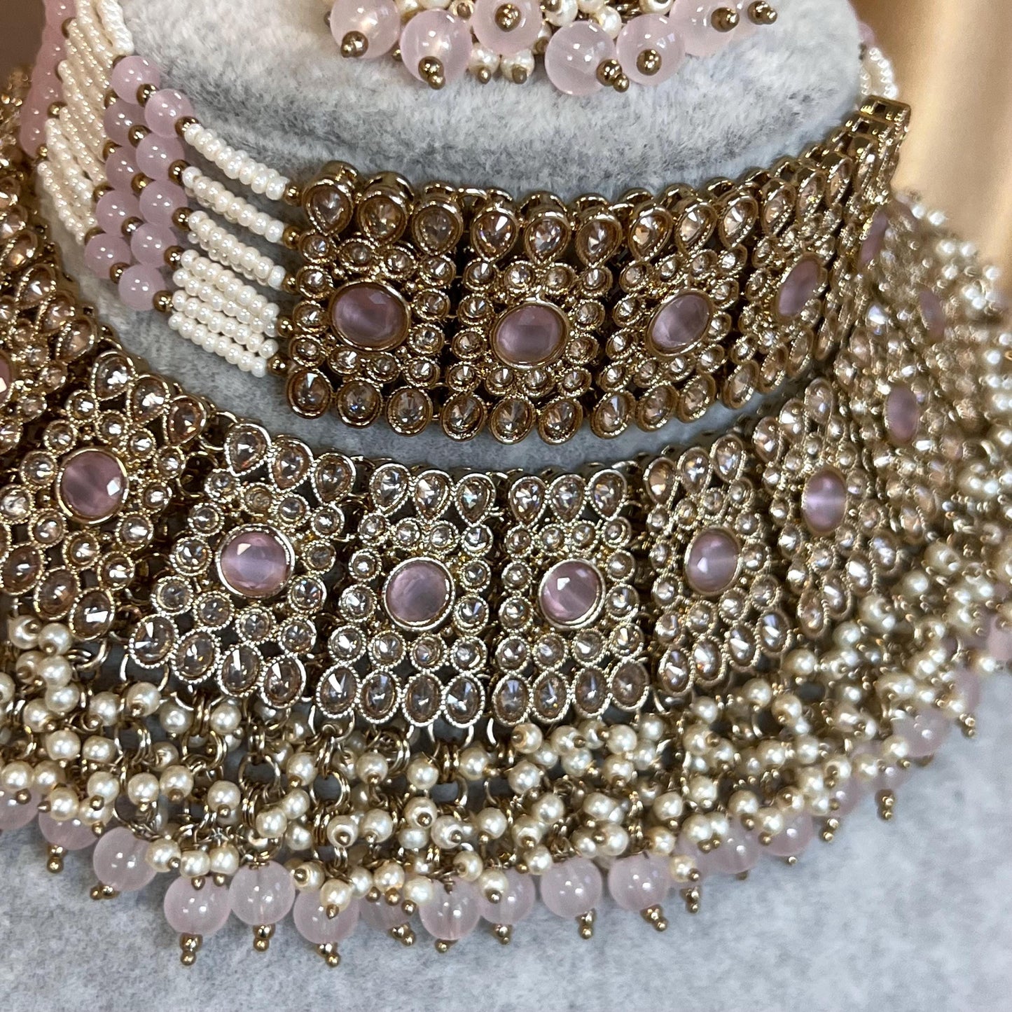 Pink, Anique Golden and Champagne Zircon Crystal Double Choker Set - Pink Earring/PinkTikka/ Tikli/Indian/ Pakistani/Fashion Jewellery/ Gift