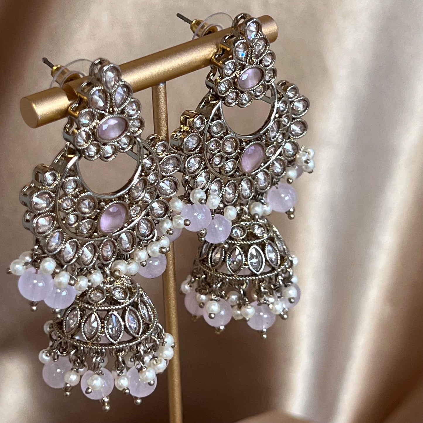 Pink, Anique Golden and Champagne Zircon Crystal Double Choker Set - Pink Earring/PinkTikka/ Tikli/Indian/ Pakistani/Fashion Jewellery/ Gift