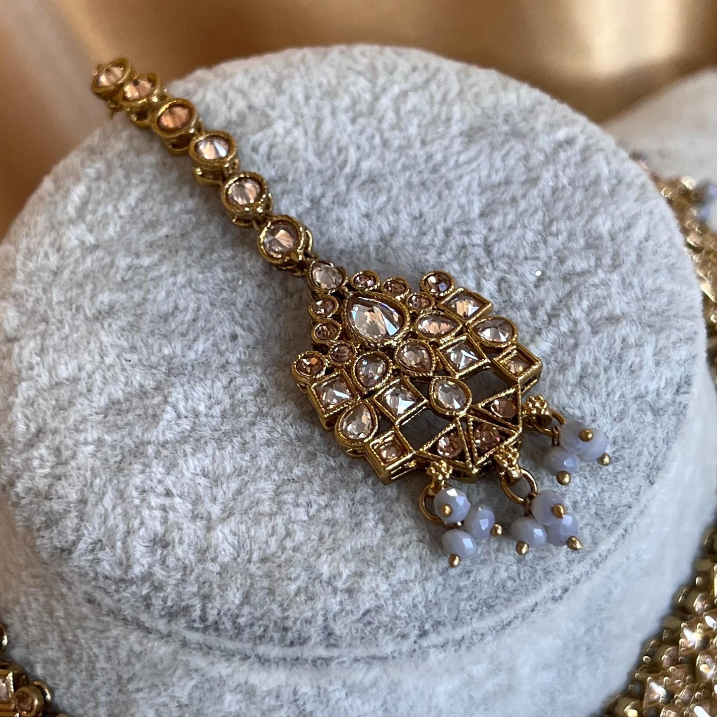 Grey Antique Gold with Champagne Zircon Crystals. Grey Necklace Set Jhumka Earring and Tikka/ Indian/ Pakistani/Fashion Jewellery/ Gift