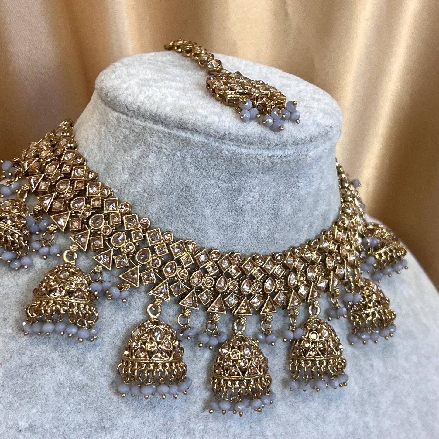 Grey Antique Gold with Champagne Zircon Crystals. Grey Necklace Set Jhumka Earring and Tikka/ Indian/ Pakistani/Fashion Jewellery/ Gift