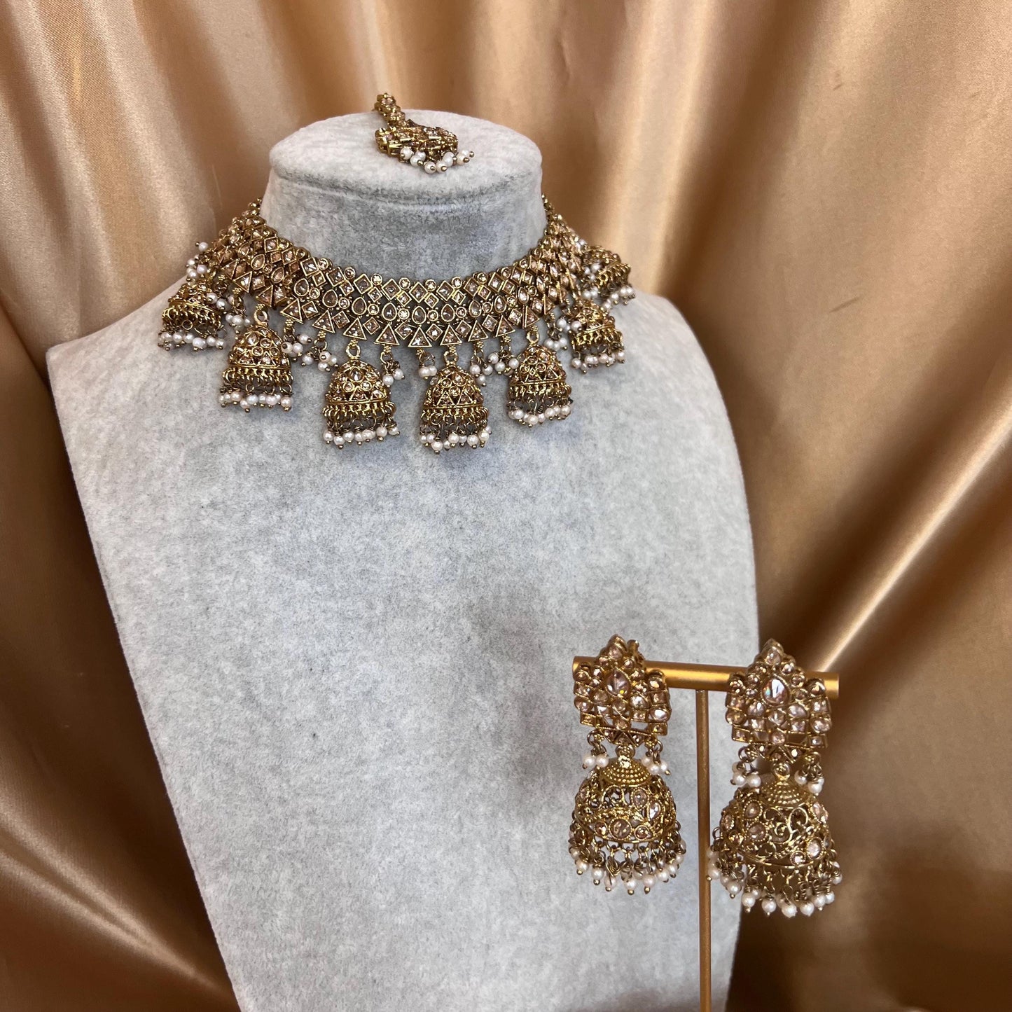 Pearl Antique Gold with Champagne Zircon Crystals.  Necklace Set Jhumka Earring and Tikka/ Indian/ Pakistani/Fashion Jewellery/ Gift