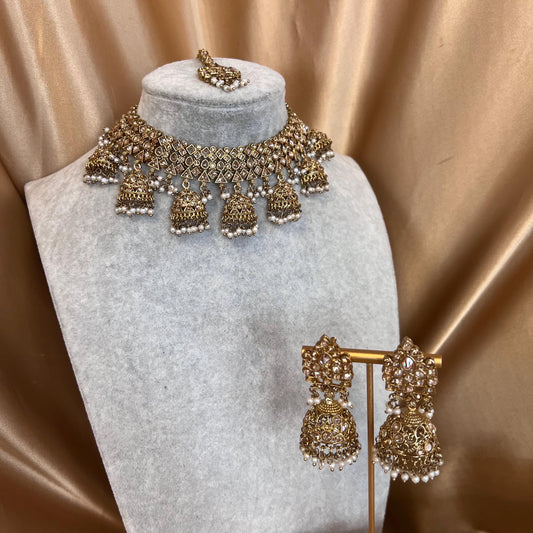 Pearl Antique Gold with Champagne Zircon Crystals.  Necklace Set Jhumka Earring and Tikka/ Indian/ Pakistani/Fashion Jewellery/ Gift