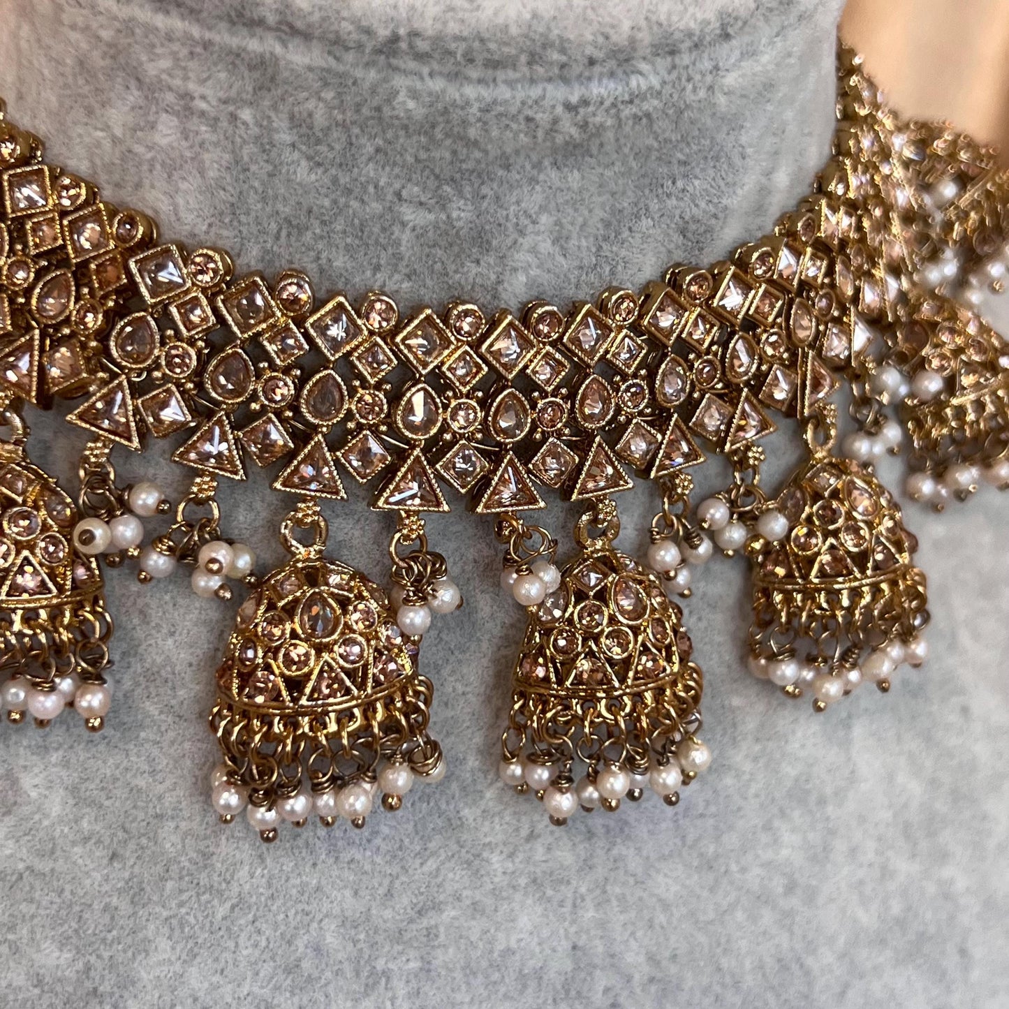 Pearl Antique Gold with Champagne Zircon Crystals.  Necklace Set Jhumka Earring and Tikka/ Indian/ Pakistani/Fashion Jewellery/ Gift
