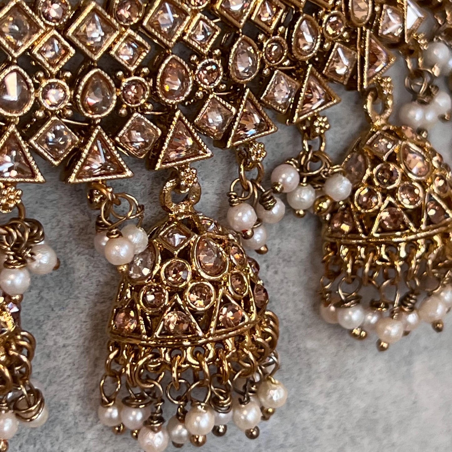 Pearl Antique Gold with Champagne Zircon Crystals.  Necklace Set Jhumka Earring and Tikka/ Indian/ Pakistani/Fashion Jewellery/ Gift