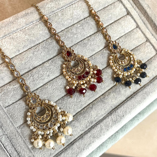 Crystal Pearl Tikka/ Tikli/ Indian/ Pakistani Fashion Jewellery/ Maang Tikkas/ Mix Colour/ White/ Maroon/ Navy/ Antique Gold/ Zircon Crystal