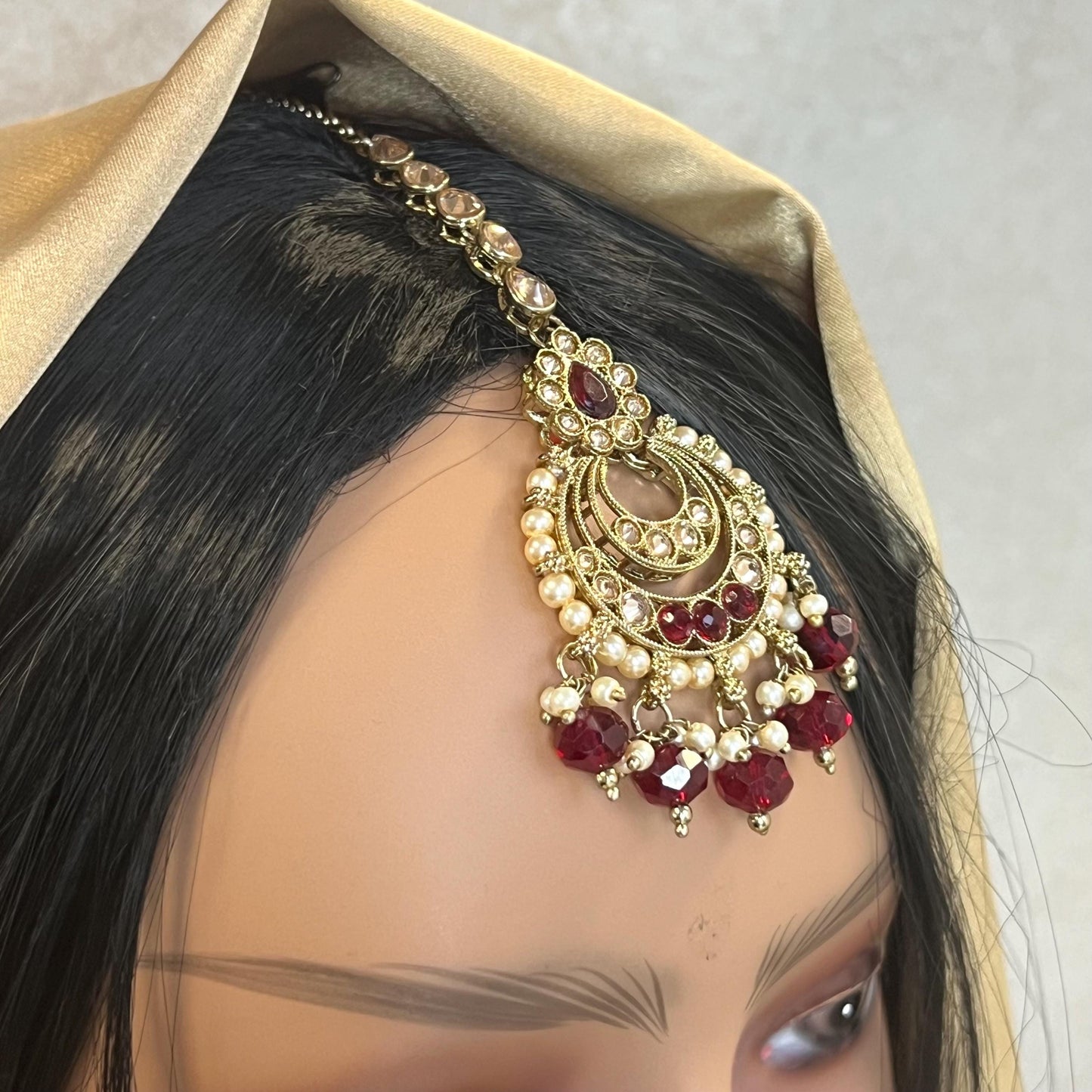 Crystal Pearl Tikka/ Tikli/ Indian/ Pakistani Fashion Jewellery/ Maang Tikkas/ Mix Colour/ White/ Maroon/ Navy/ Antique Gold/ Zircon Crystal