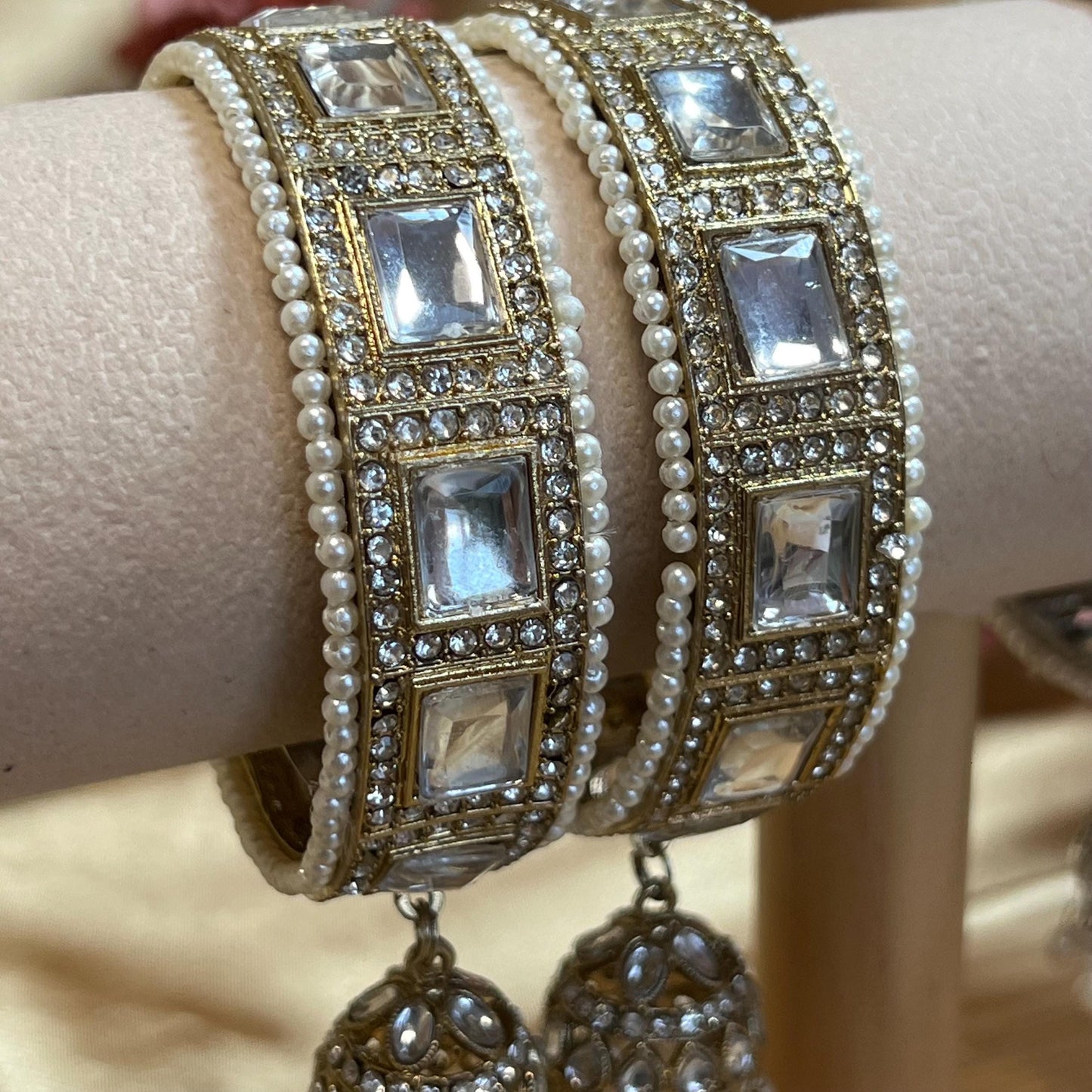 Chunky Jhumka Bangles (Pair)/Indian/ Pakistani/Jewelley/ Fashion Bracelet/ Clear Gold or Silver in 2.6 only